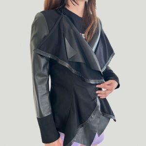 Lafayette 148 New York Leather Wool Jacket Open Waterfall Black 8